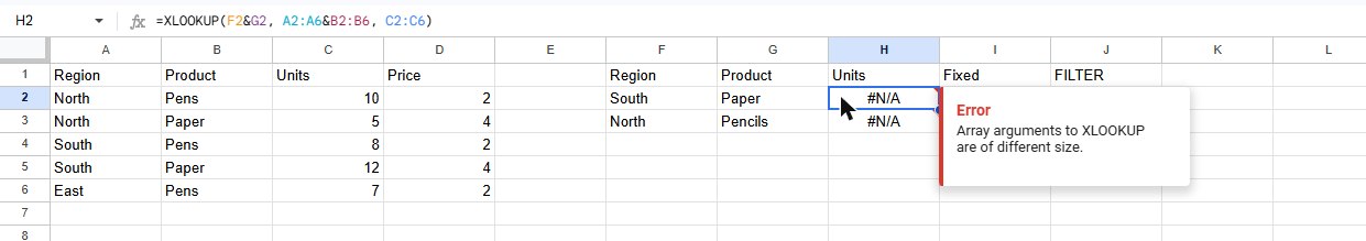 Google Sheets =XLOOKUP(F2&G2, A2:A6&B2:B6, C2:C6) showing #N/A with the tooltip Array arguments to XLOOKUP are of different size.