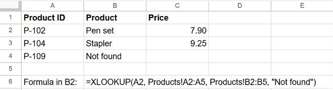 XLOOKUP in Google Sheets returning product names and prices from another tab, with Not found for a missing ID